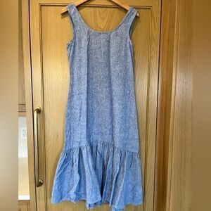 Polo Ralph Lauren Maxi Midi Chambray 100% Linen Sleeveless Ruffle Hem Dress